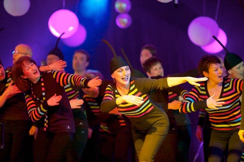 Choristes du spectacle Tombés du ciel en costumes colorés sur scène