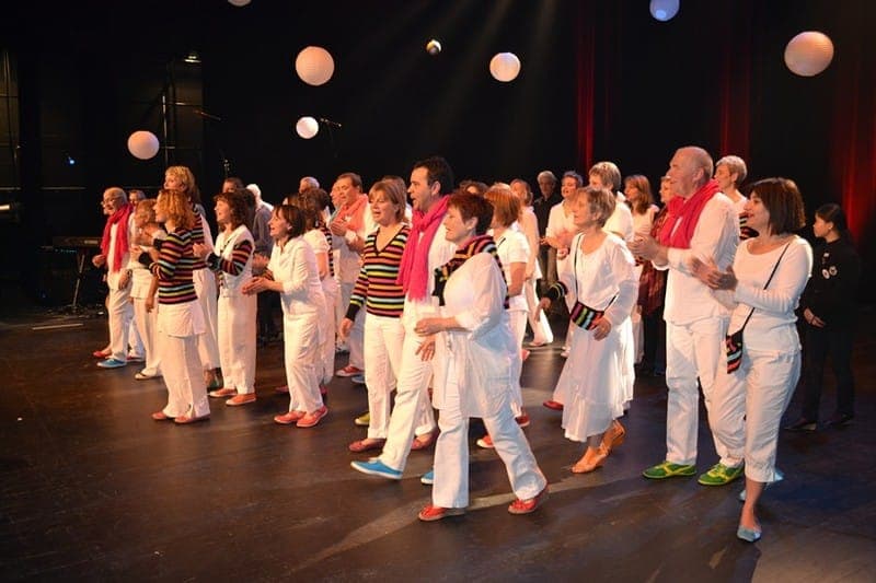 Spectacle musicale — choristes en costume et mise en scène festive
