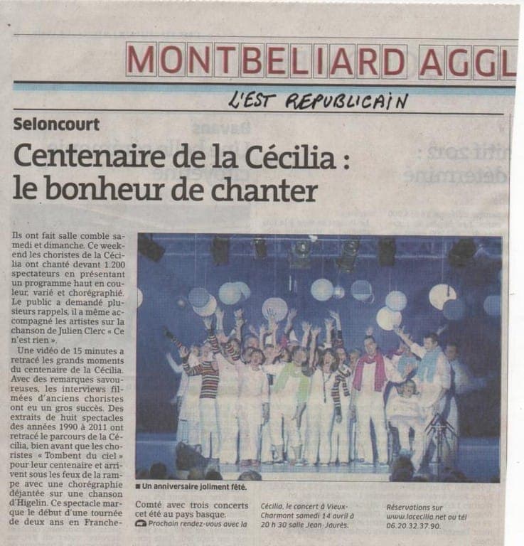 Article de presse — centenaire de La Cécilia de Seloncourt