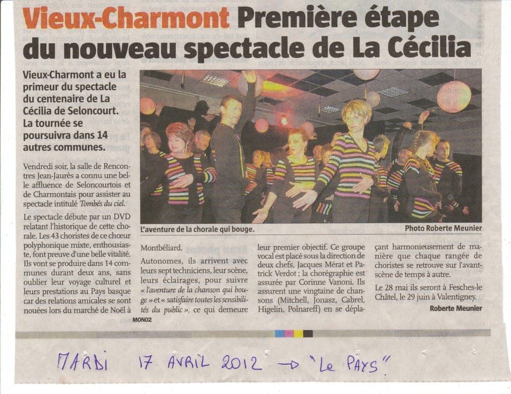Presse locale — spectacle La Cécilia à Vieux-Charmont