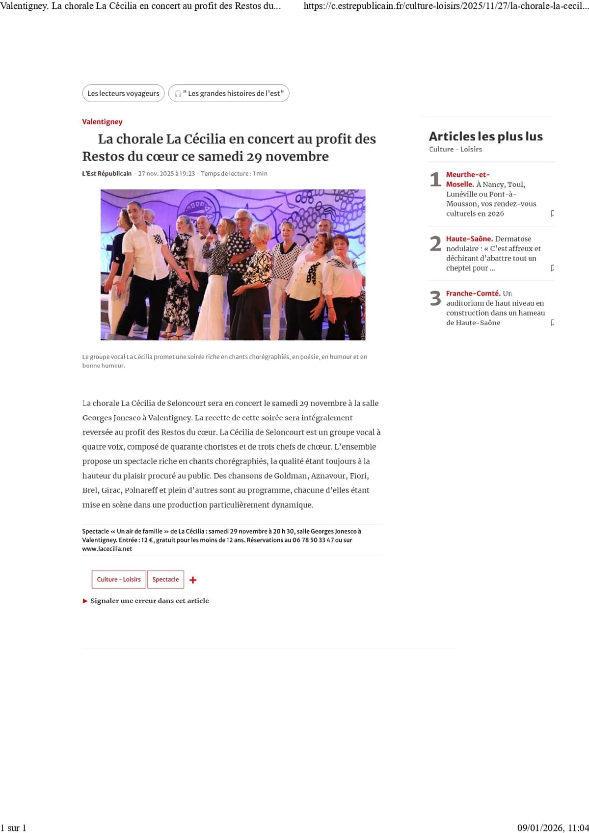 Coupure presse concert Valentigney Restos du cœur novembre