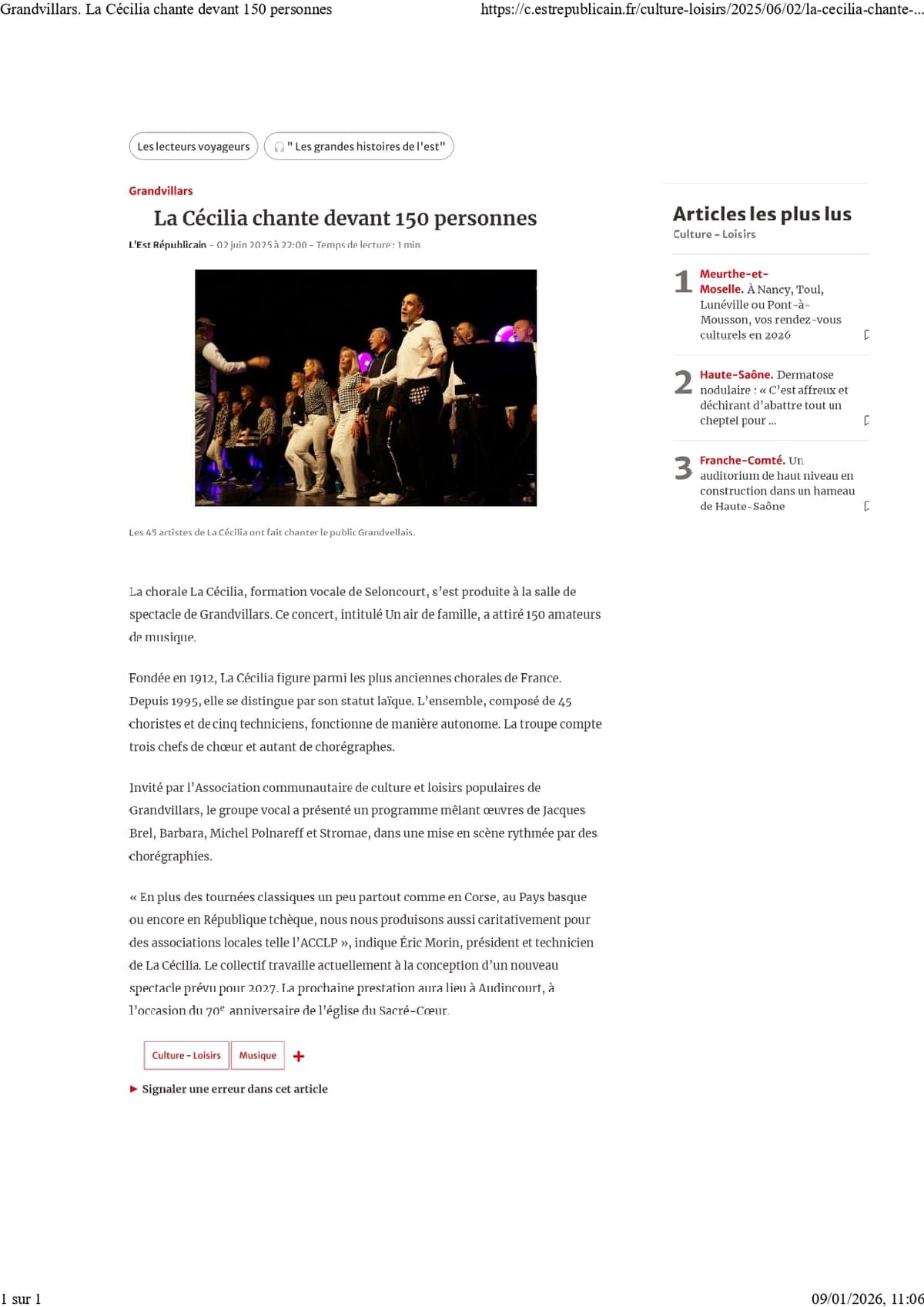 Article Cecilia concert 150 personnes Grandvillars 2025