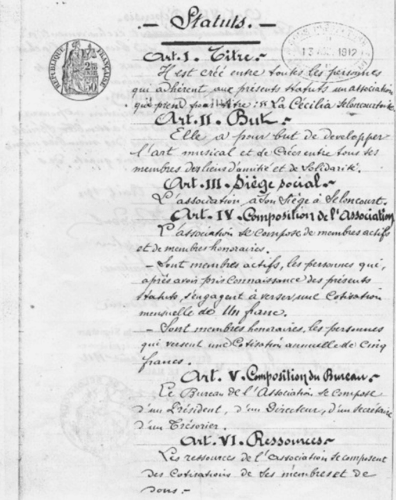 Statuts historiques La Cecilia 1912 document archives